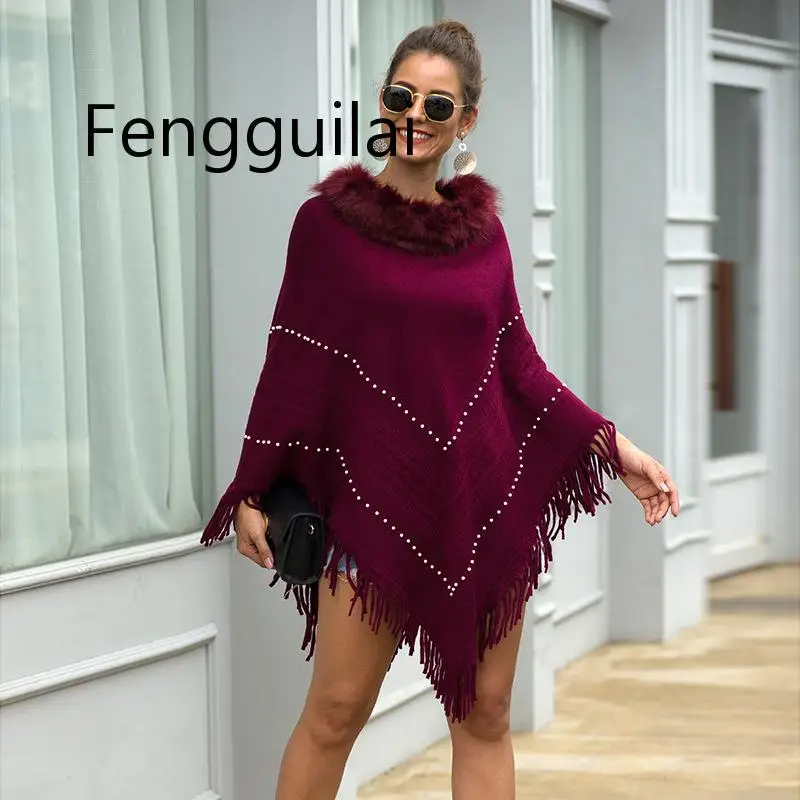 

FENGGUILAI New Sweaters 2020 Faux Fur Collar Pullovers Autumn Winter Knitted Outwears Elegant Beading Cloaks Purple Tassel Wrap