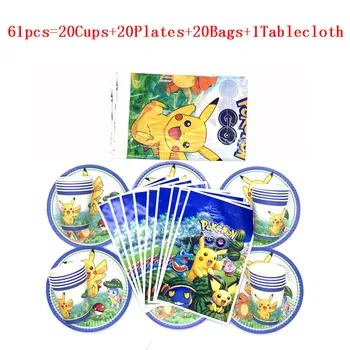 

31Pcs/61Pcs Pokemon Go Pikachu Party Plates Cups Tablecloth Baby Shower Birthday Decoration Kids Party Supplies For 10/20 People