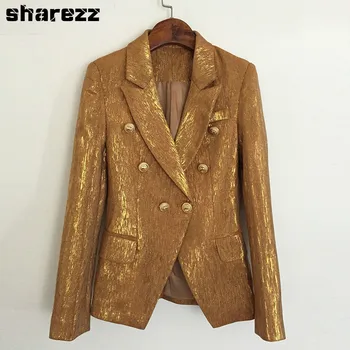 

Sharezz High Quality New Fashion 2020 Spring Designer Blazer Jacket Women Double breasted Golden Glitter Lacing long sleeve Coat