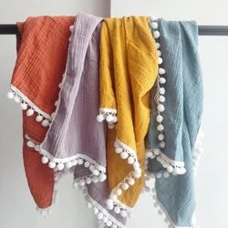 Pompom Swaddle Wrap Muslin Cotton Baby Blanket Soft Cloths for Newborn Discharge 2 Layers Towel Gauze Photo Shoot Comforter
