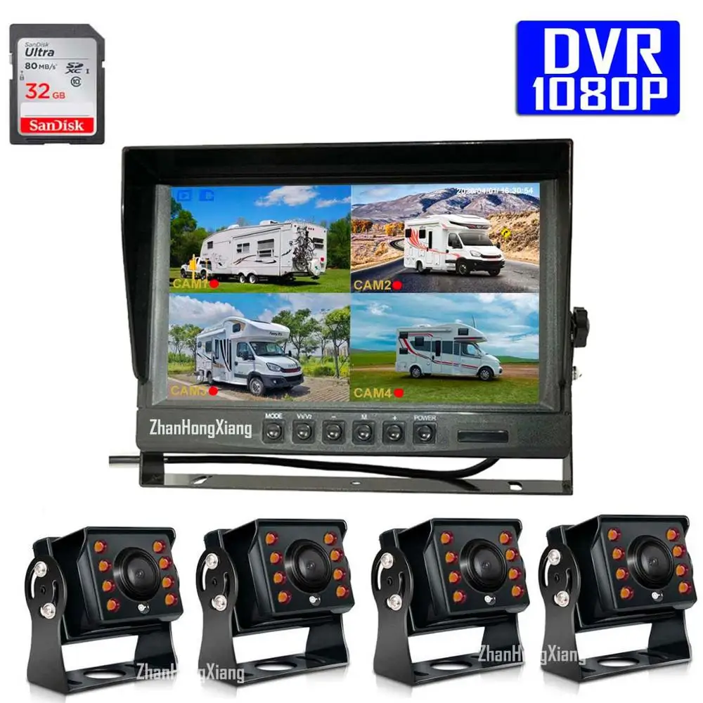 

4 x AHD 1080P 8LED IR 4Pin обратная резервная камера + 9 "IPS 4CH Quad Сплит Автомобильный видеорегистратор заднего вида система монитора для автобуса грузовика