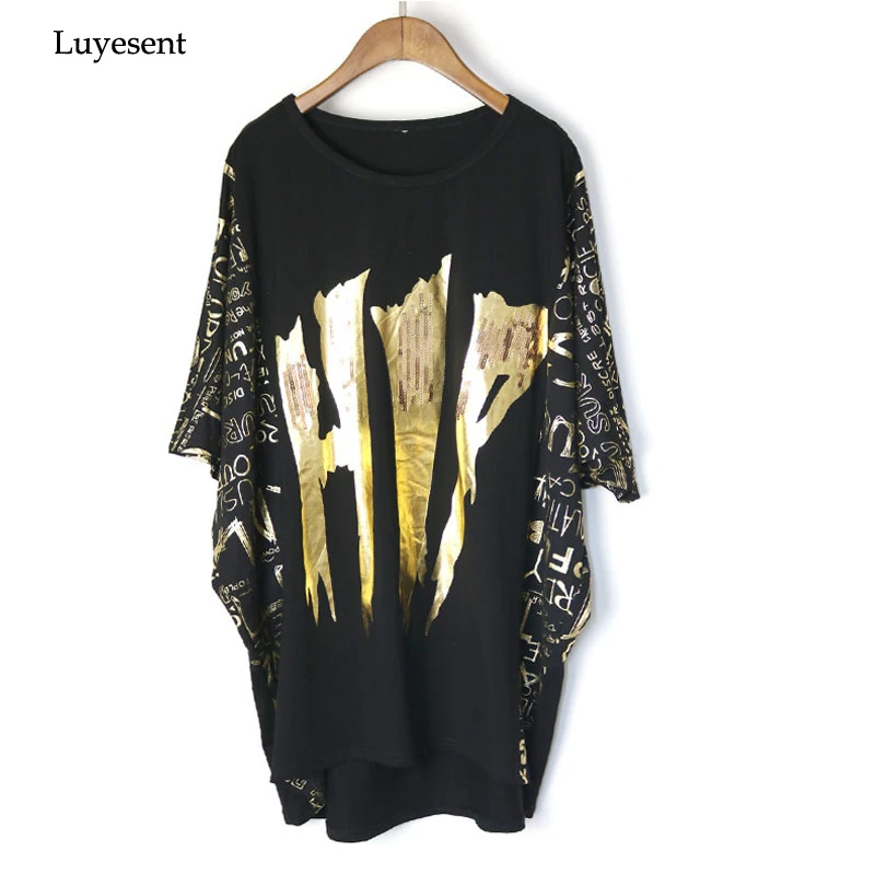 Black Punk Women Gold Sliver Stamping Sequin T-shirt 2020 Rock Lady Loose Letter Hipster Oversize Batwing Sleeve Tshirt Long Top | Женская