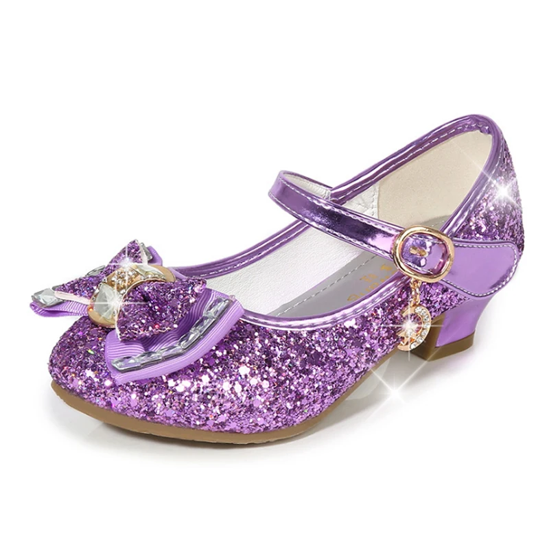 Princess Kids Leather Shoes for Girls Flower Casual Glitter Children High Heel Girls Shoes Butterfly Knot Blue Pink Silver - Color: Purple