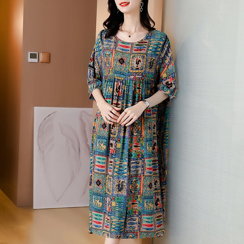 2021 Floral Chiffon Mesh Casual Beach Midi Dress Summer Vintage Loose 4XL Plus Size Dress Elegant Women Bodycon Party Vestidos