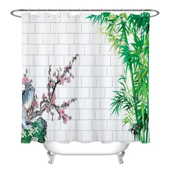 

Brick Wall Bamboo Plum Shower Curtain Liner Bathroom Set Hooks Polyester Fabric