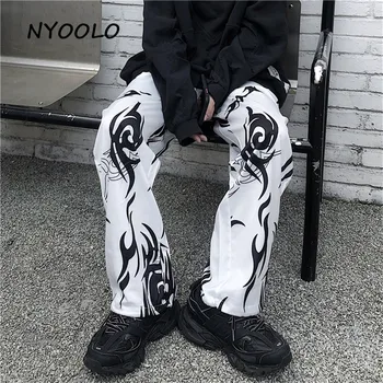 

NYOOLO Casual streetwear Totem print jogger pants women men Harajuku Vintage loose elastic waist hip hop punk straight pants