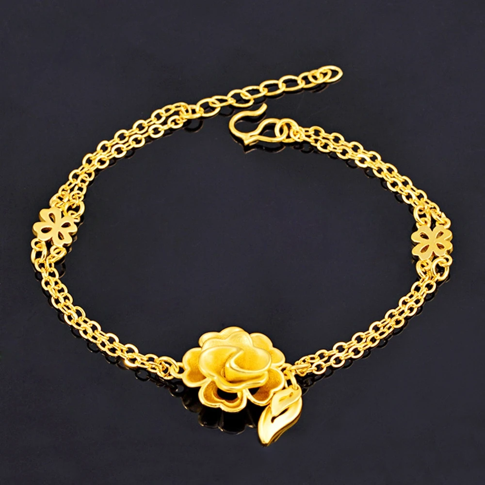 

Exquisite Thin Wrist Bracelet Yellow Gold Filled Womens Bracelet Chain With Middle Flower Pattern