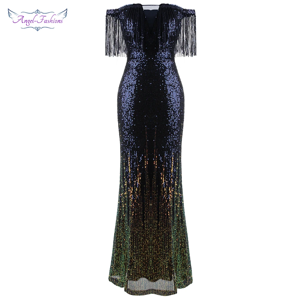 Angel-fashions Женское вечернее платье длинное блестящее из фатина с вырезом лодочкой