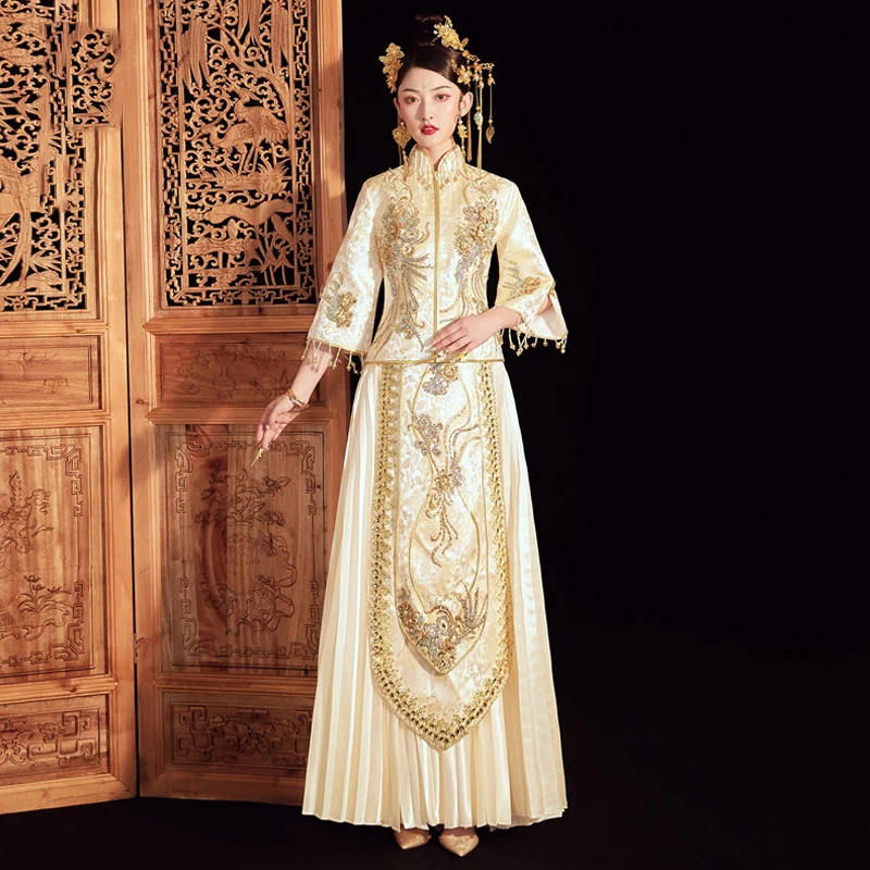 Чампанж Королевский Qipao для женщин полный длина костюм Тан одежда за рубежом китайский вечернее платье вышивка цветок длинное платье