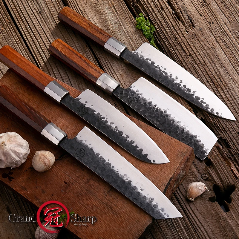 Набор кухонных ножей 4 шт. высокоэффективные поварские ножи Santoku Nakiri Kiritsuke Gyuto высокоуглеродистые Профессиональные Кухонные ножи GRANDSHARP