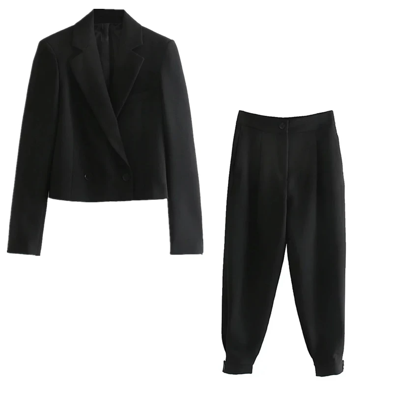 Увядший английский винтажный Однотонный черный двубортный короткий Блейзер женские куртки и плиссированные шаровары костюм брюки 2 шт. набор для женщин - Color: top and bottom