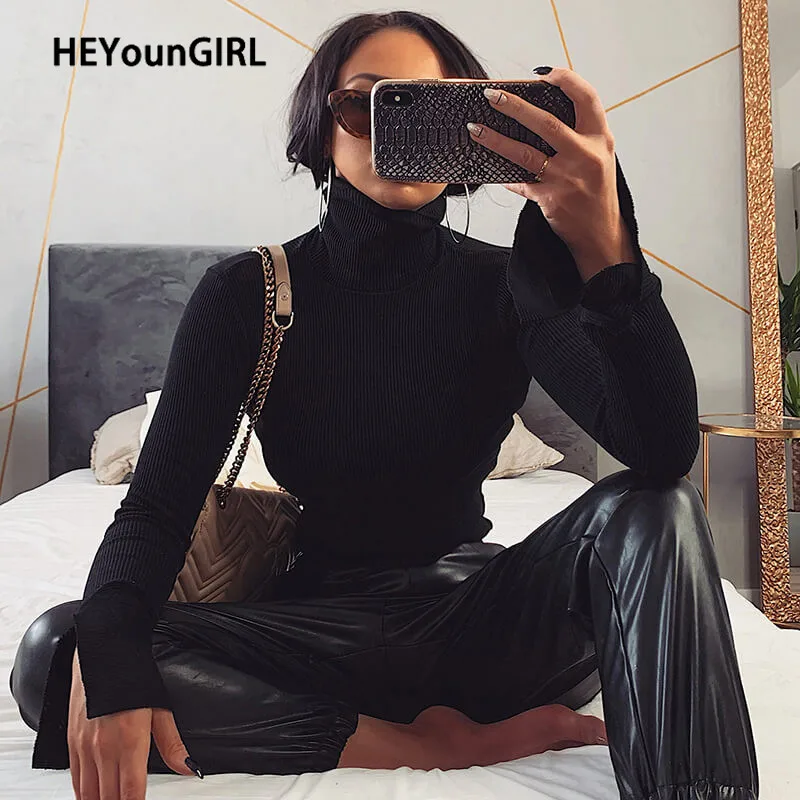 HEYounGIRL укороченная футболка с длинным рукавом и воротником-стойкой, Женская Повседневная Базовая футболка, женские модные элегантные футболки, рубашка, топы для офиса