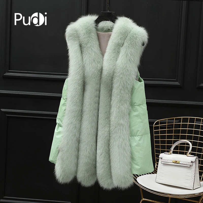 Pudi VT915 женский классический жилет натуральный Лисий мех пальто леди вниз Подкладка Зима теплый подлинный натуральных мех роскошное длинное пальто - Цвет: green