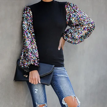 

Bling Sequins Lady Tops Blouses Long Sleeve Patchwork Turtleneck Lantern Sleeve Women Blouses And Shirt Autumn Party Office Tops