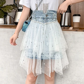 

Girls Denim Sexy Tulle Skirt Falda Aesthetic 2020 Summer Short Beaded Sequins Mesh Stitching Irregular Shiny Fashion Casual