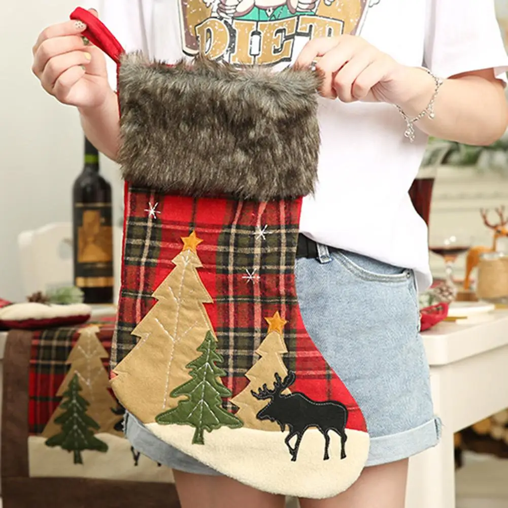 Plaid Xmas Tree Elk Print Stocking Office Non-woven Ornaments Hook Design Hanging Candy Gift Bag Christmas Decoration | Дом и сад