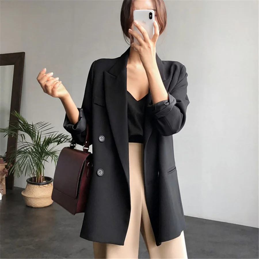 

Single Breasted Women Black suit Lady Fashion Blazers autumn spring Slim Korean style Mid-Length casual Cotton women's jacket