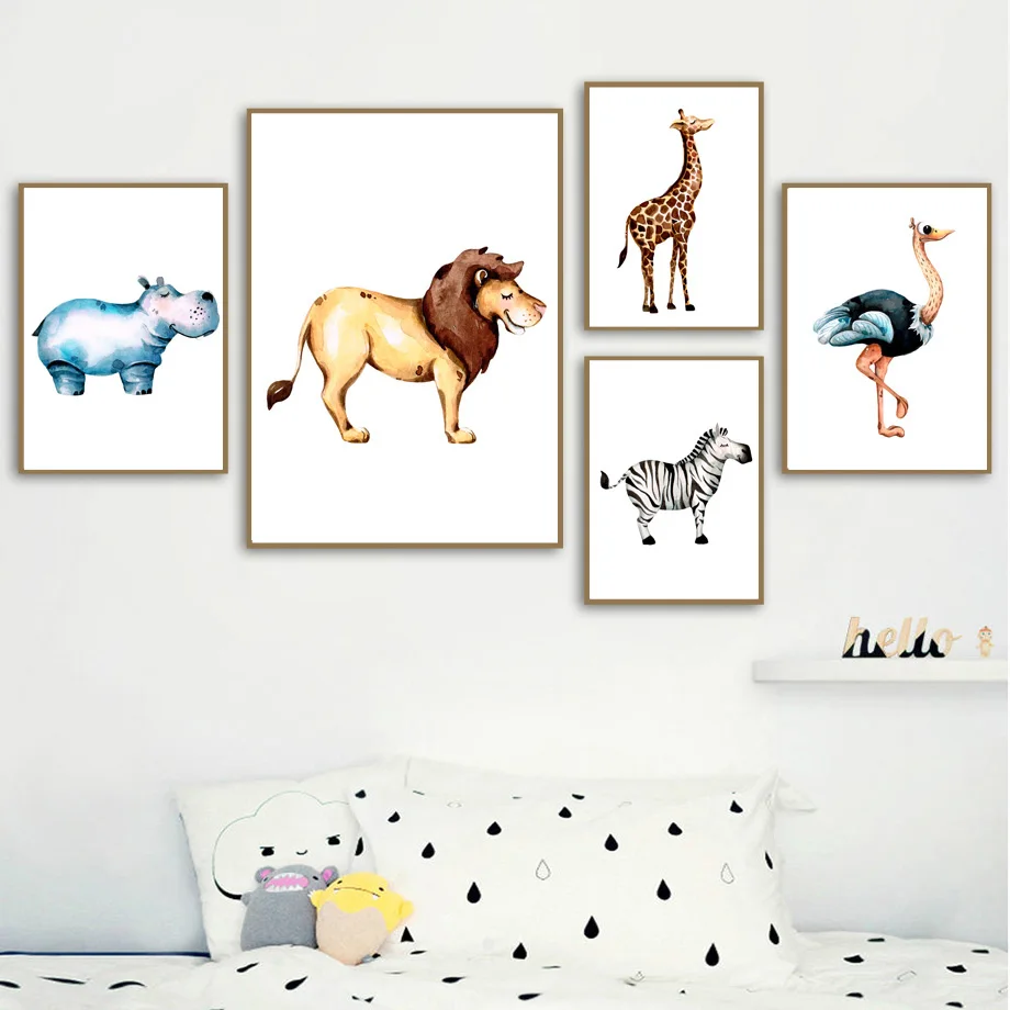 

Hippo Lion Giraffe Zebra Ostrich Nursery Wall Art Canvas Painting Nordic Posters And Prints Wall Pictures Baby Girl Room Decor