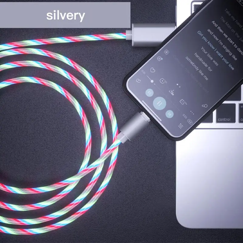 MADATA светодиодный светящийся Магнитный кабель для Iphone, магнитный usb-кабель для зарядки, кабель Micro для быстрой зарядки type C - Цвет: Silve cable