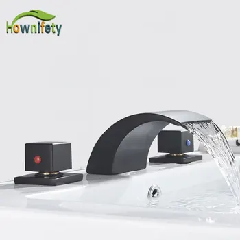 

Matte Black Bathtub Sink Faucet Two Handle Three Holes Hot Cold Mixer Crane Tap Deck Mount Waterfall Spout Faucets