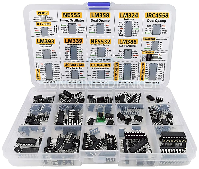 IC Chip Assortment 150 pcs, opamp, oscillator, pwm, PC817, NE555, LM358, LM324, JRC4558, LM393, LM339, NE5532, LM386, incl. So afbeelding