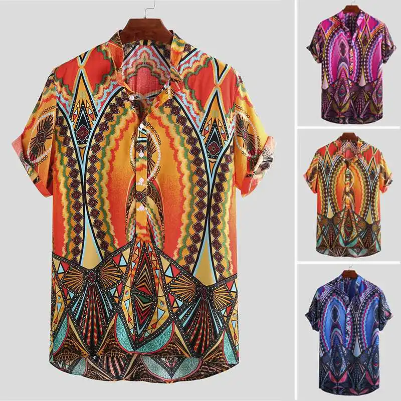 

Men Shirt Ethnic Style Printed Breathable Button Stand Collar 2019 Short Sleeve Camisa Masculina Retro Hawaiian Beach Shirts Men