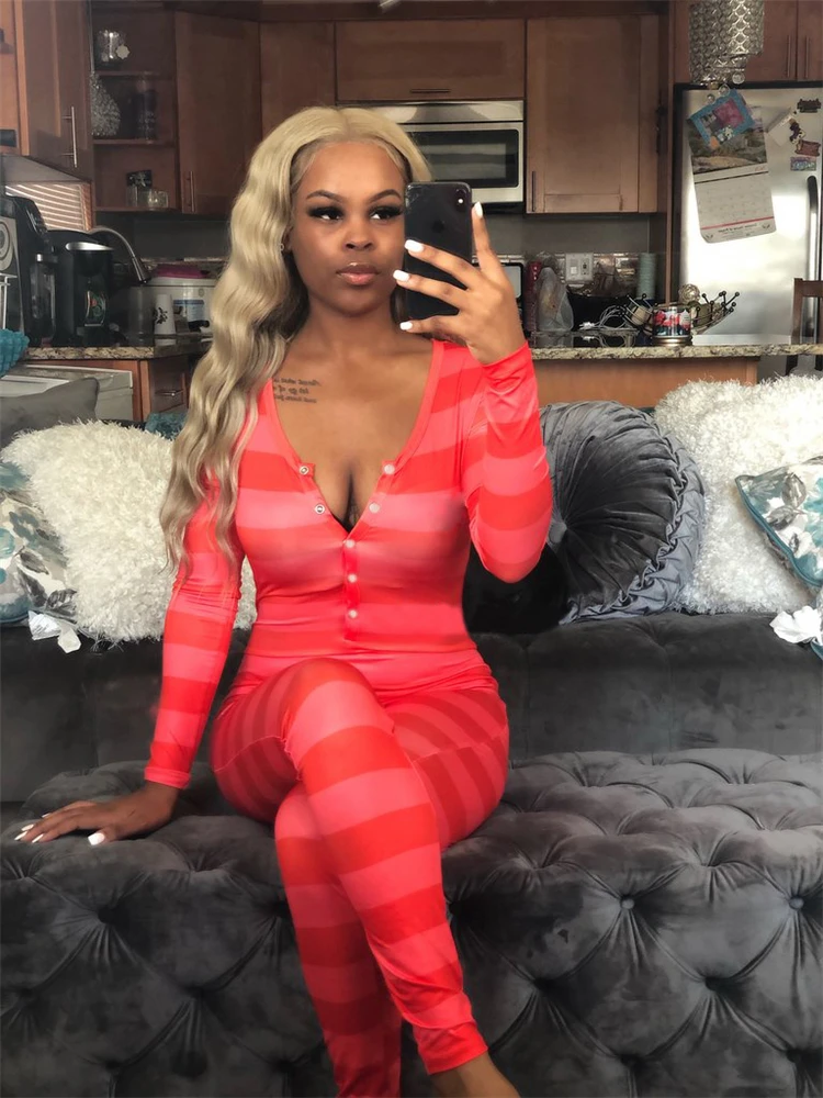 

Women Jumpsuit Striped Printed Pattern Long Rompers Sleepwear Female Buttons Cute Long Sleeve Homewear Fashion Bodycon Jumpsuits