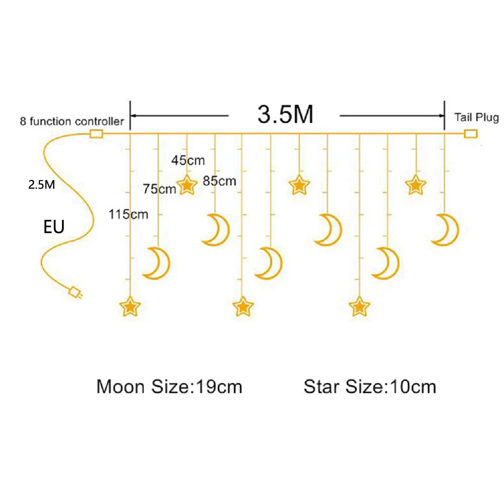 Светильник-гирлянда с изображением звезд и Луны, декоративный светодиодный светильник для помещений, 6 звезд+ 6 лун, AC разъем, 220 В, мощный, для свадебной вечеринки, сказочный светильник, цепочка