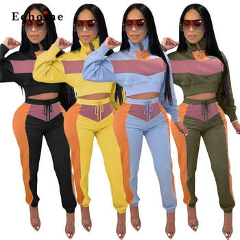 

Women Sexy Two Piece Set Color Block Patchwork Long Sleeve Casual Tops Sport Suits Chic Lady Long Pants Streetwear Femme Clothes