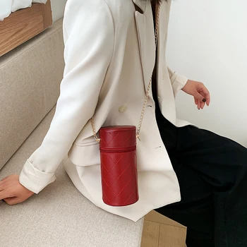 

Cylinder Shaped Shoulder Bag Chain Female Handbag Chain Women PU Leather Solid Color Elegant Crossbody Shoulder Bag