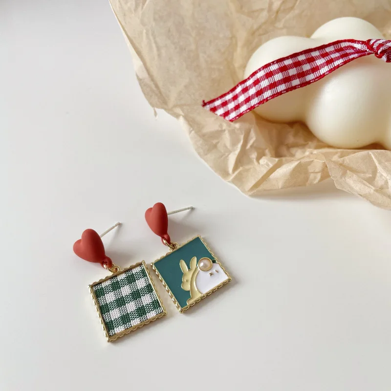 Origin Summer Asymmetric Rabbit Pattern Plaid Earrings for Women Green Enamel Square Hanging Dangle Pendientes | Украшения и