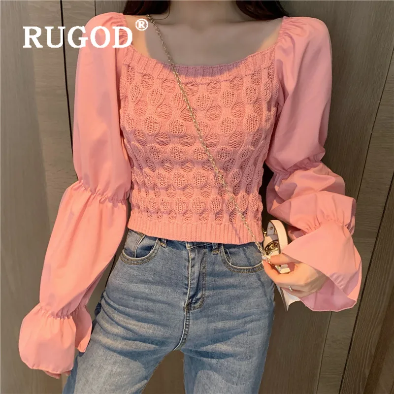 RUGOD трикотажная одежда, сшитые шифоновые короткие топы с рукавами-колокольчиками, квадратный воротник, простые Зимние Топы для женщин, одежда, одноцветные