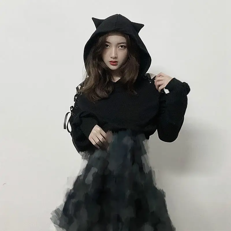 Harajuku/толстовки с длинными рукавами и кошачьими ушками; женские толстовки в готическом стиле; Осенние милые бархатные толстовки на шнуровке