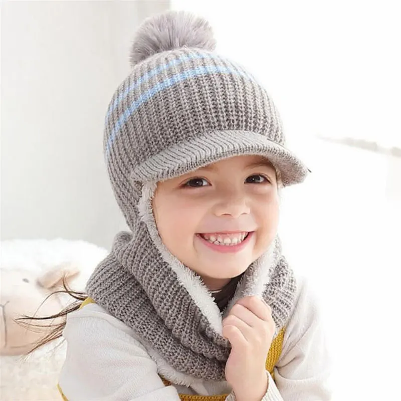 Knit Short Plush Hooded Scarf Kids Hat And Scarf Child Winter Warm Protection Ear Pom Pom Cap Scarves Girls Boy Accessories