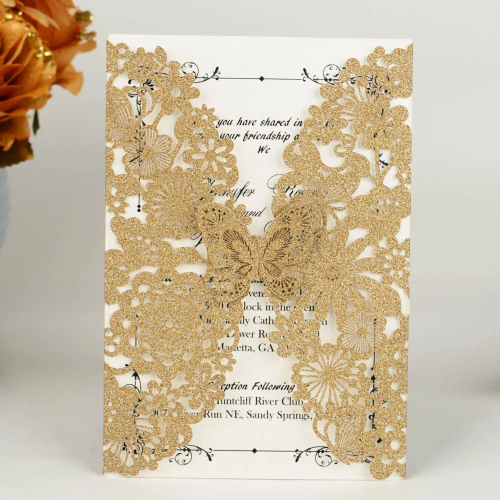  Wishmade 100pcs Lace Wedding Invitations Cards with Gold Glitter Laser Cut Butterfly for Bridal Sho - 4.00042E+12