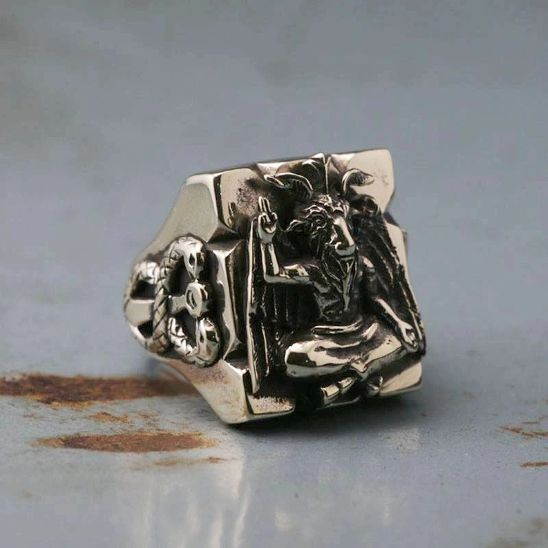 Gothic Baphomet Stainless Steel Ring Seal of Satan Pentagram Sigil Illuminati Rings Jewelry Gifts for him stainless steel ring finger ring