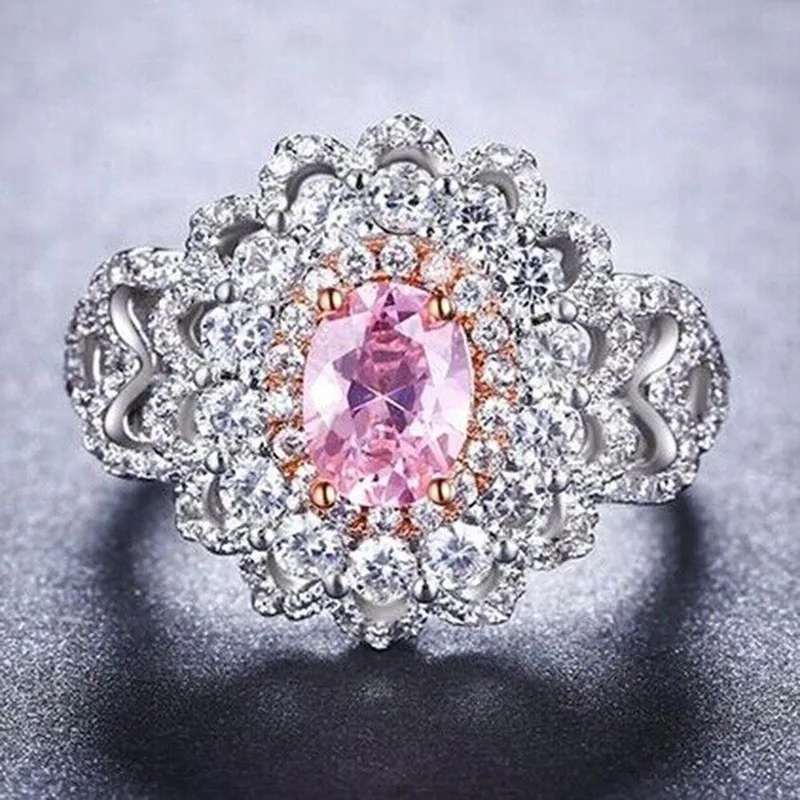 Роскошные AAA циркон медный серебристый цвет кольцо для Для женщин модные розовые Кристал для свадьбы, помолвки кольца