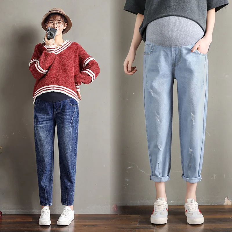 

2020 Spring And Summer Maternity Jeans Harem Straight-Cut Baggy Pants Capri Slimming Retro Hong Kong Flavor Straight-Cut Dad Pan
