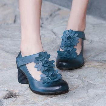 

2019 spring soft leather women pumps fashion ladies shoes blue vintage round head handmade shoes 5.5cm Xiangban