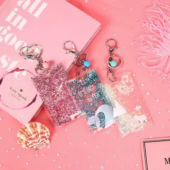 

1PC Creative Quicksand Transparent Cute Sequin Into The Oil With Key Chain Card Holder Student Bus Set ID Card Set