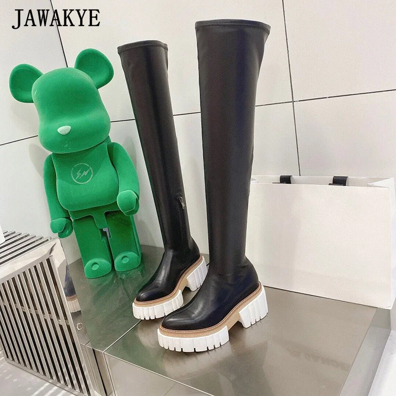 

Gear Platform Women Slim Knee High Boots Thick Sole Elastic Side Zipper Long Boots Real Leather Dress Daily Autumn Women Shoes