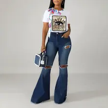 Модные джинсовые расклешенные брюки для женщин, ретро рваные джинсы, широкие брюки для леди, осенние свободные повседневные расклешенные брюки с высокой талией для женщин