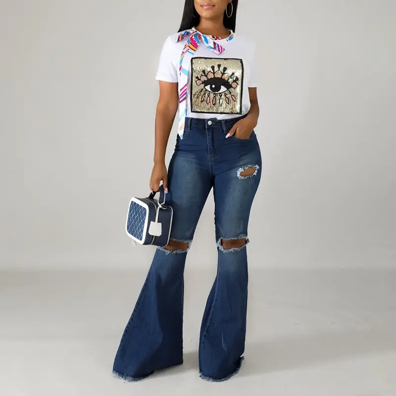 

Fashion Denim Flare Pants Women Retro Ripped Jeans Wide Leg Trousers Lady 2019 Autumn High Waist Loose Casual Flare Pant Female