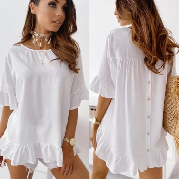 

Dropship O Neck Tops Half Ruffles Sleeve Women Blouses White Casual Blouse 2020 Fashion Summer Women Tops S XL