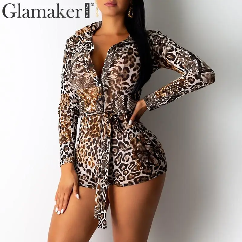 

Glamaker Leopard print long sleeve sexy bodycon playsuit Women autumn party bandage belt jumpsuit Winter female body suit 2019