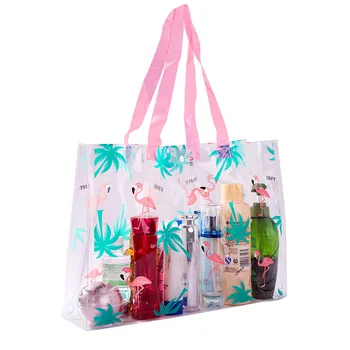 

Cheap New PVC Plastic Transparent Clear Big Large Capacity Full Print Women Organizer Beach Swim Bag Cute Handle Shopping Bags