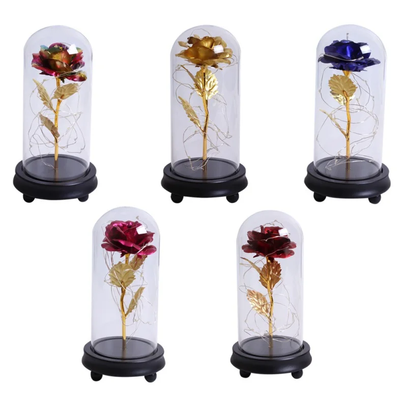 Искусственный Золотой Фольга цветок розы и светодиодный светильник в стеклянном куполе на деревянной основе лучший подарок для женщин(батарея в комплект не входит