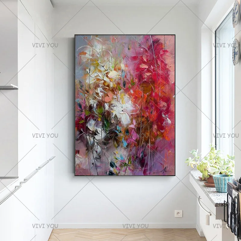 

100% Hand Painted Textured Palette Knife Red Flower Oil Painting Abstract Modern Canvas Wall Art Living Room Decor Picture