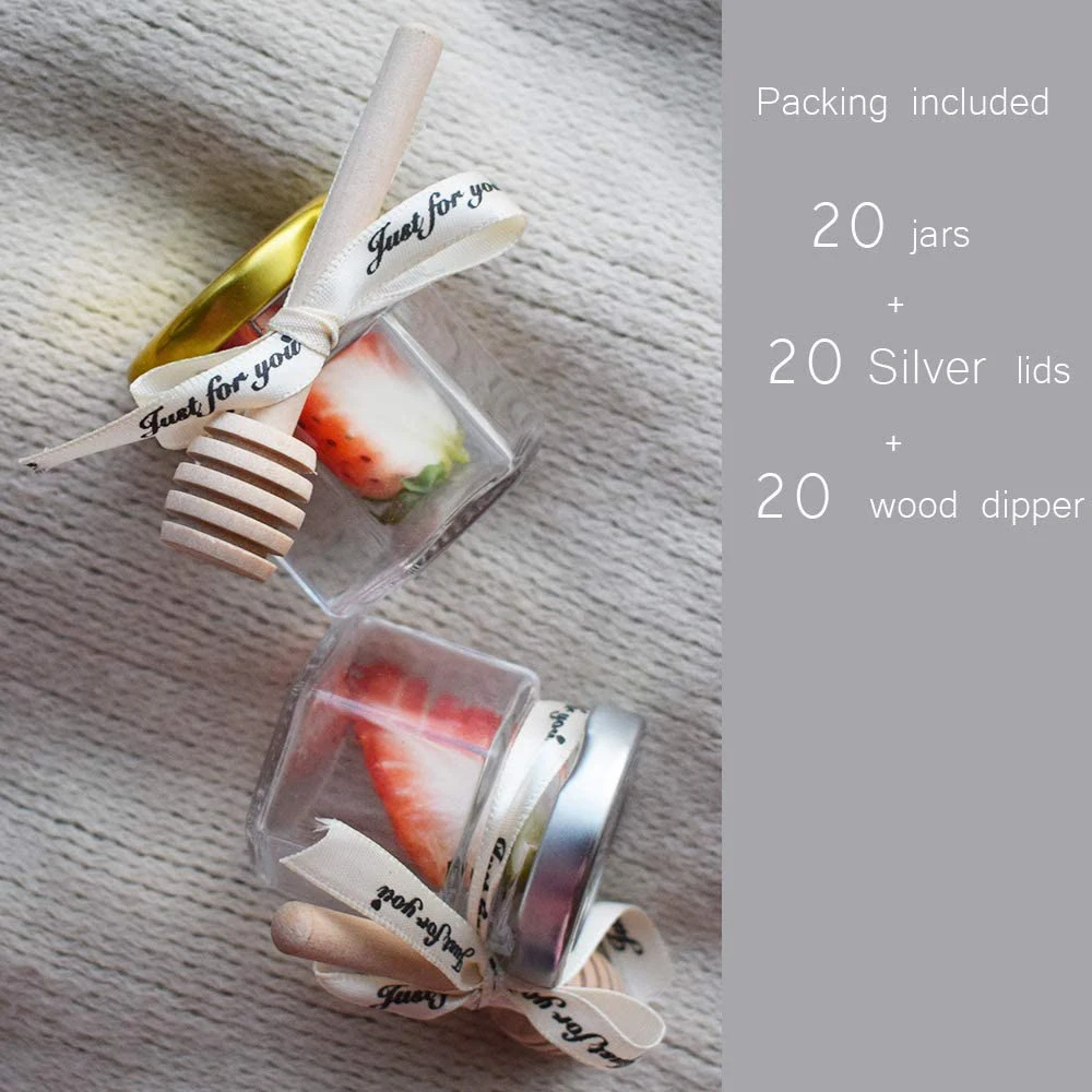 Hexagon Mini Glass Honey Jars with Wooden Dipper, Silver Lids, Silver Bee PendantsPerfect for Baby Showers, Wedding Favors 3