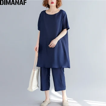 

DIMANAF Plus Size Women Sets Summer Vintage Basic Lady Tops Shirt Loose Casual Long Pants Set Suit Solid Striped 2020 Clothing